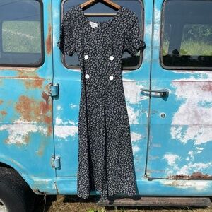 90s S. Roberts ditsy 100% rayon jumpsuit wide leg tie back waist